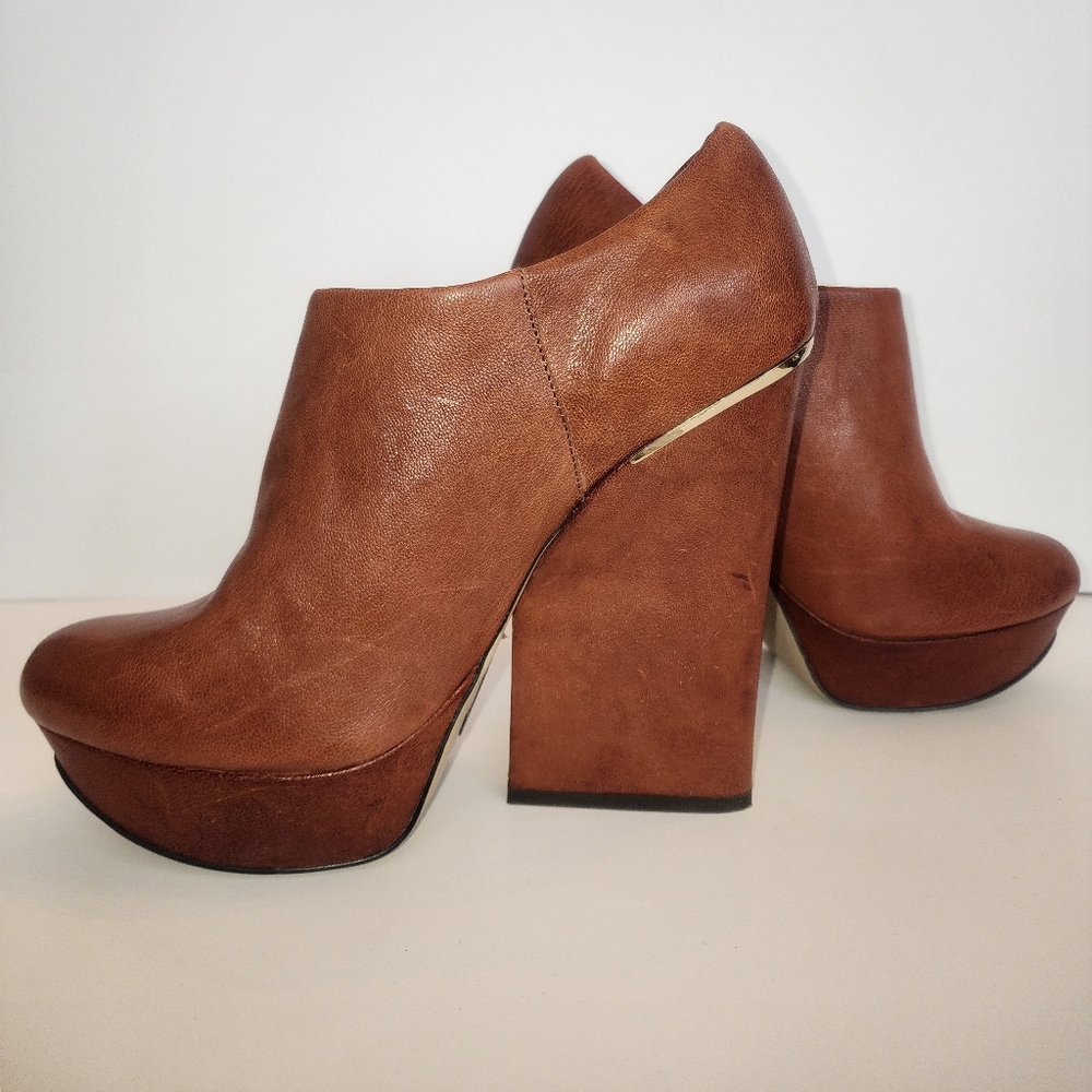 Leather Cognac Platform Ankle Booties Size 10M